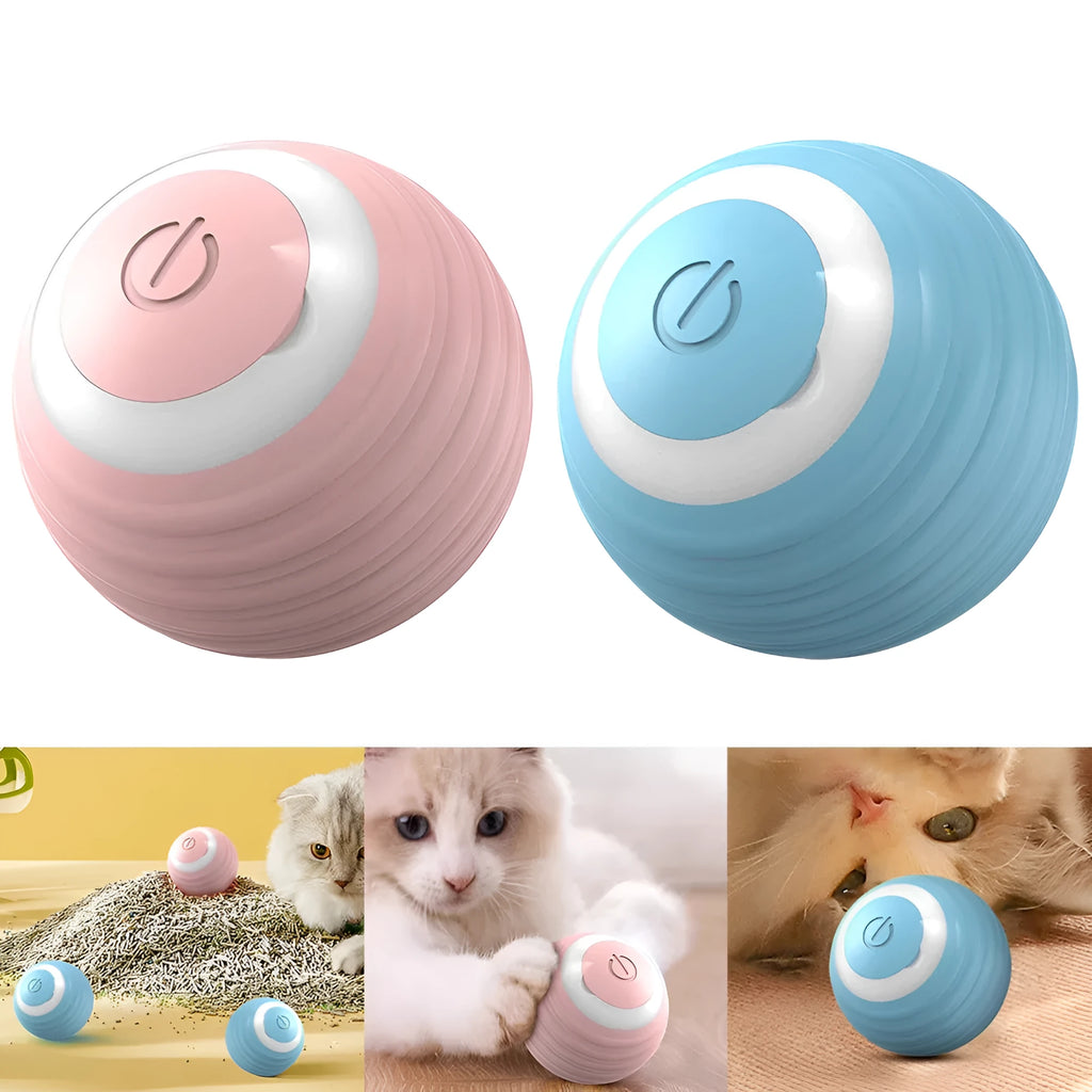Blue automatic moving cat toy ball with USB charging cable on wooden floor