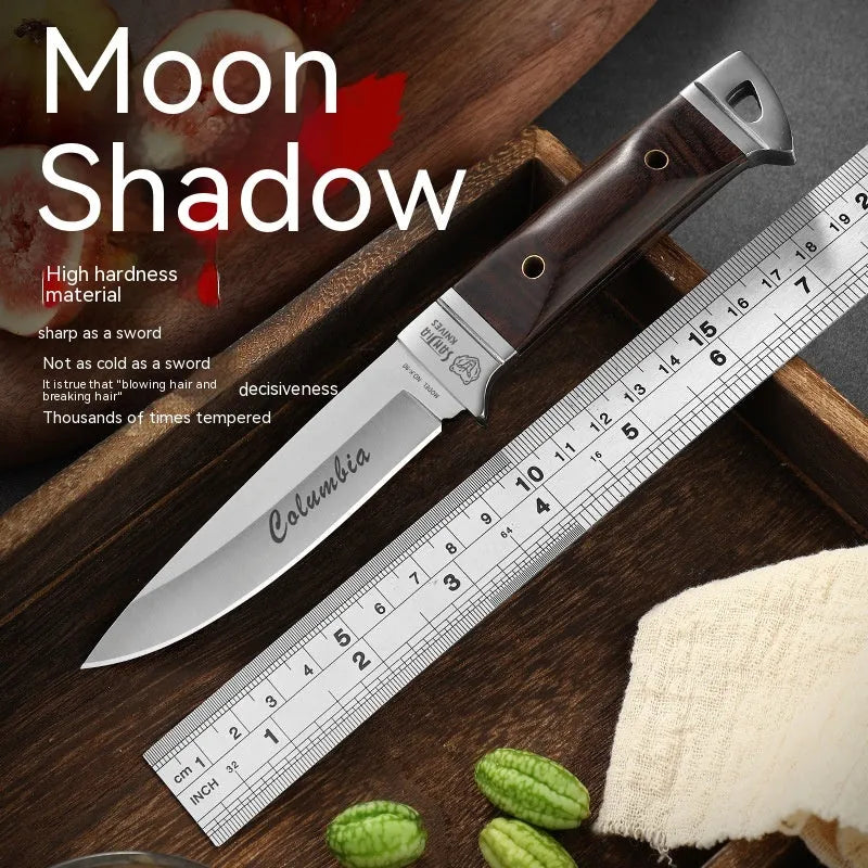 Camping multifunctional portable fruit knife with leather sheath case showing stainless steel blade and national style design