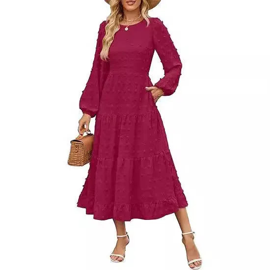 Women's beige polyester long sleeve dress with ruffle sleeves and high waist design