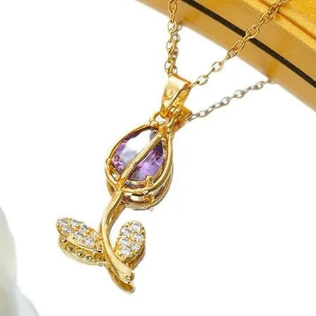 Zircon tulip necklace for women with gold flower pendant on adjustable titanium steel chain.