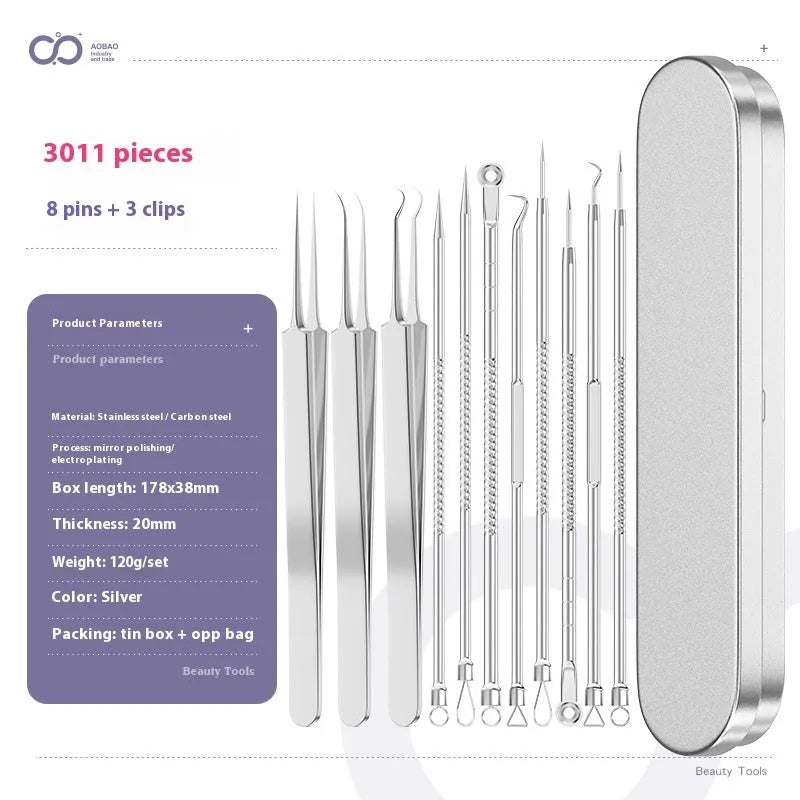 Four silver metal acne needles with ultra-fine pointed tips for blackhead extraction.