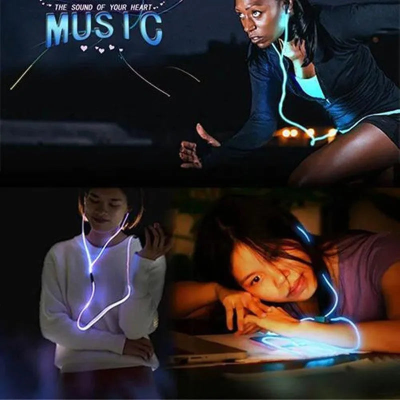 Blue Magic Light LED earphones with illuminated light lines, 3.5mm plug, and remote microphone.