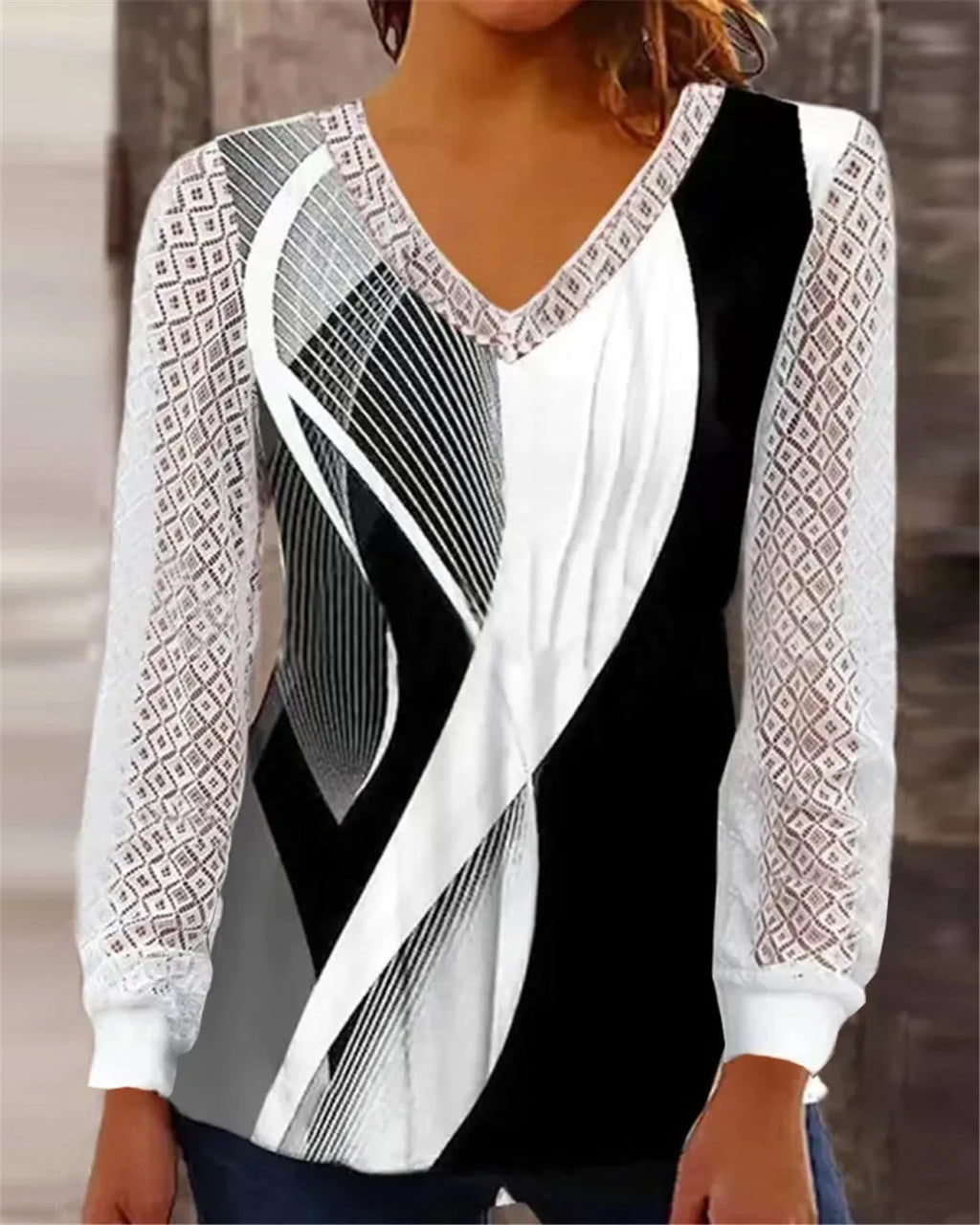 Women's V-neck loose fit hollow-out lace top in purple, wine red, grey, or blue with long sleeves