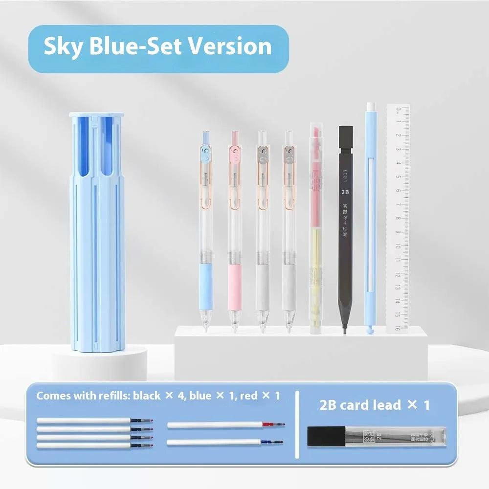 Plastic pressing pen pencil case kit shown in Sky Blue, Vigorous White, and Girl Pink colours.