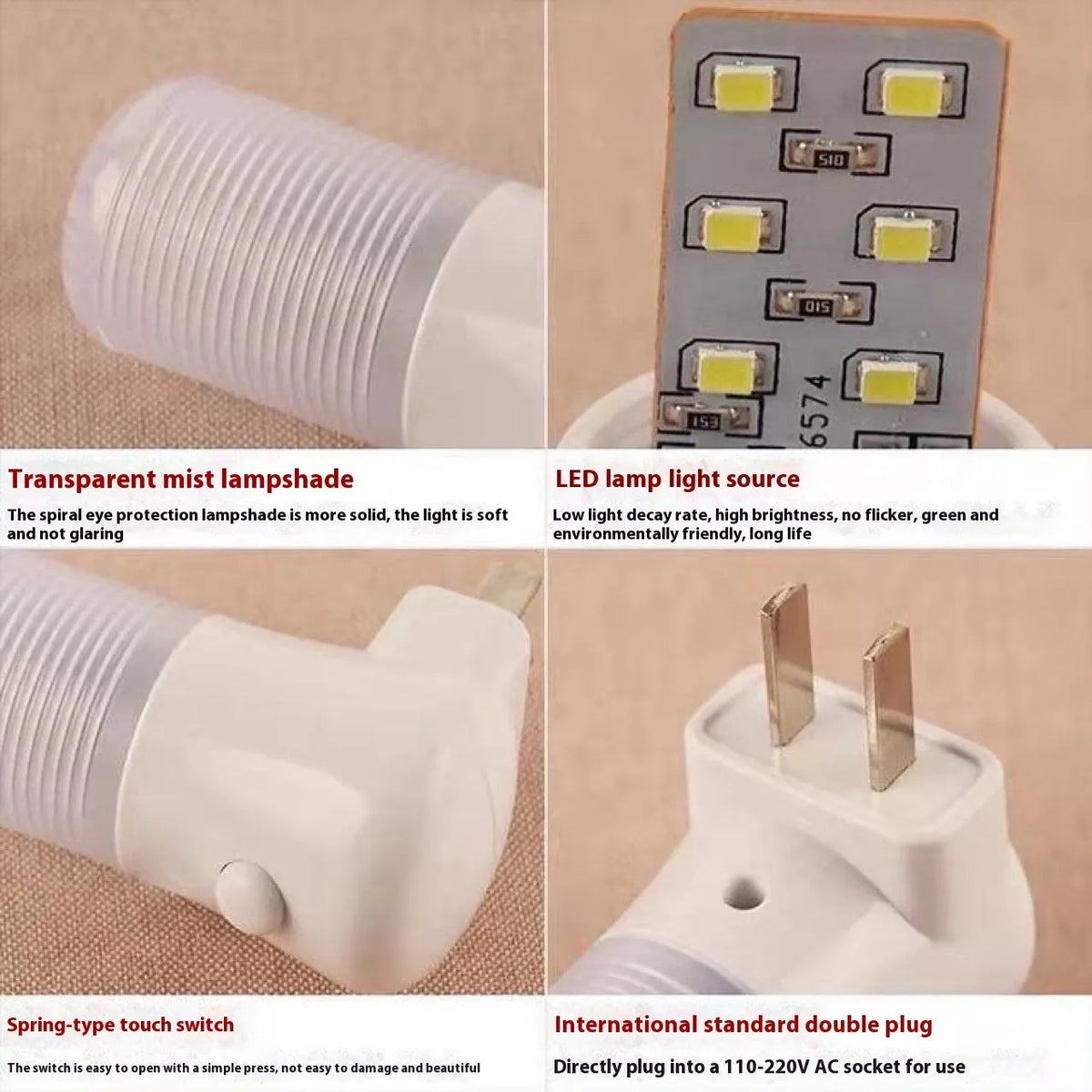 Minimalist cube bedside night light with US plug showing white and warm light switch