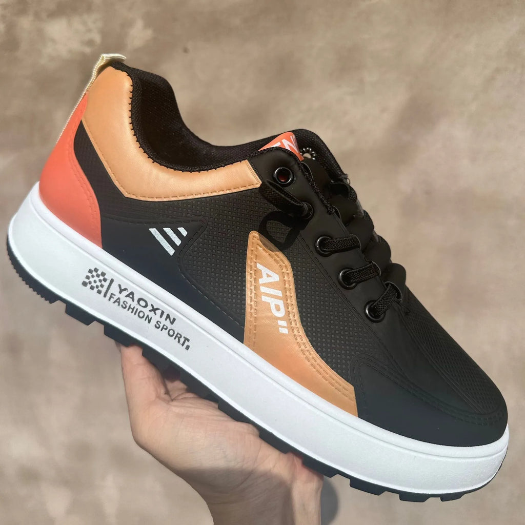 Men's white and orange casual sneakers with round toe and artificial PU upper
