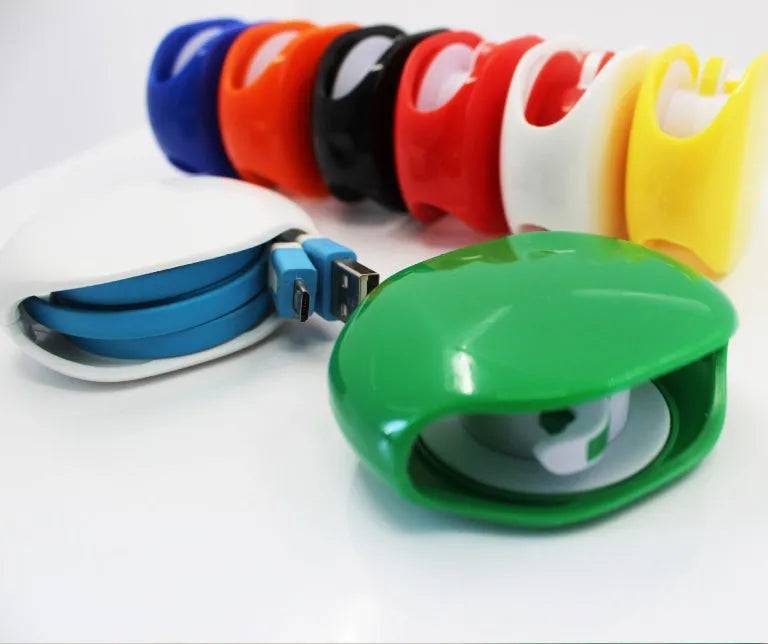 Automatic earphone cable winder retractor in various colours on a white background.