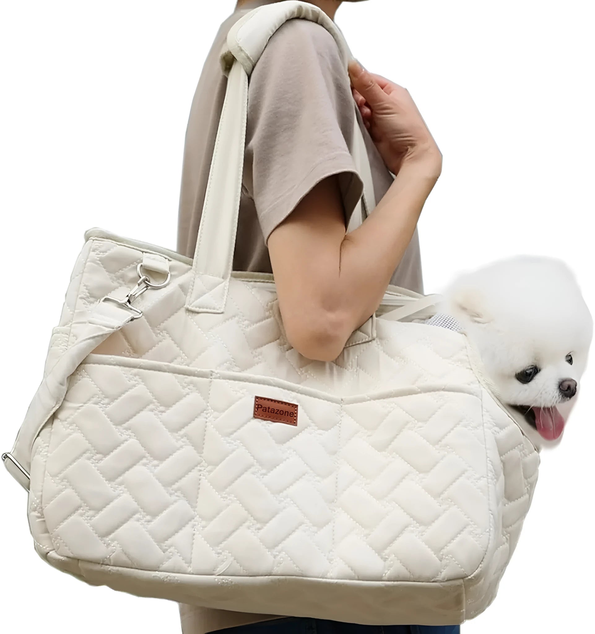 Grey pet carrier handbag with mesh panels and multiple pockets for cats or small dogs