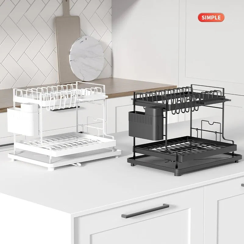 White double-layer kitchen storage rack with removable top shelf for draining utensils