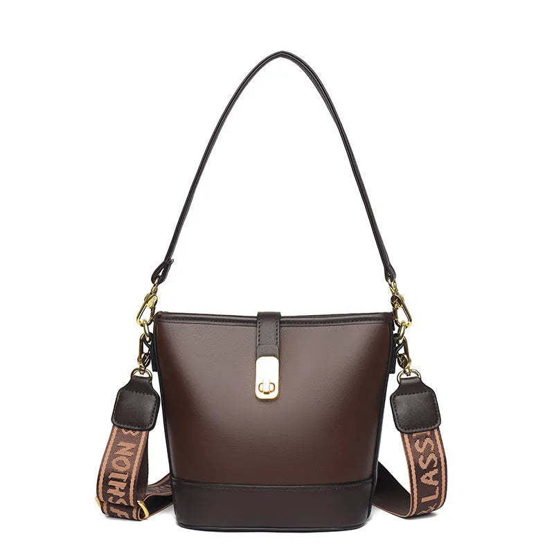 Korean style soft PU bucket messenger bag in black or brown with organised interior compartments