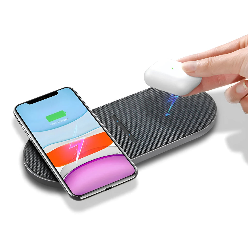 Black dual wireless charging station with two charging pads and Type-C USB cable