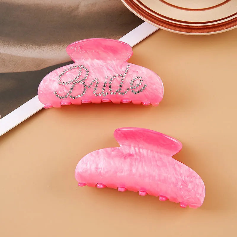 10cm pink and white acrylic hair barrette clips with multi-diamond spot drill and English letter decoration