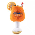 Yellow beer bottle squeaky dog chew toy with plush construction measuring 7cm