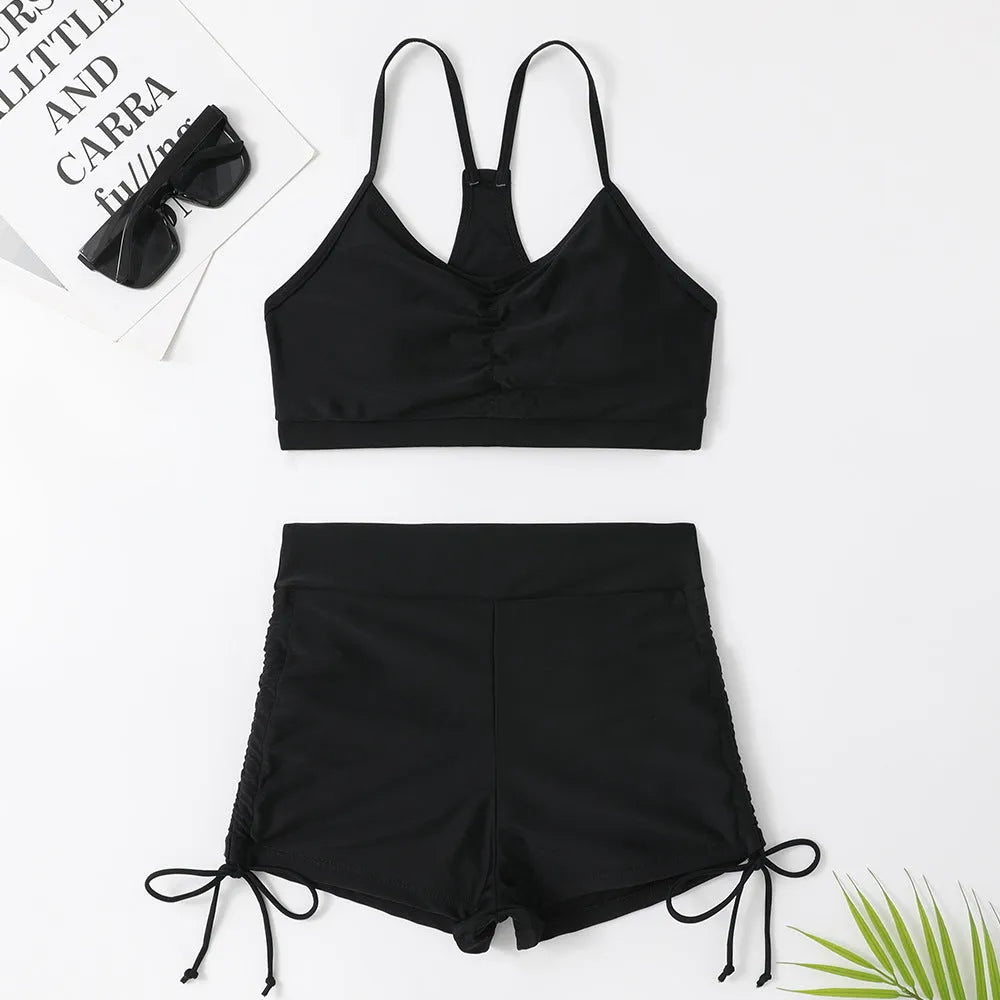 Women's purple and black high waist split swimsuit bikini set for swimming activities