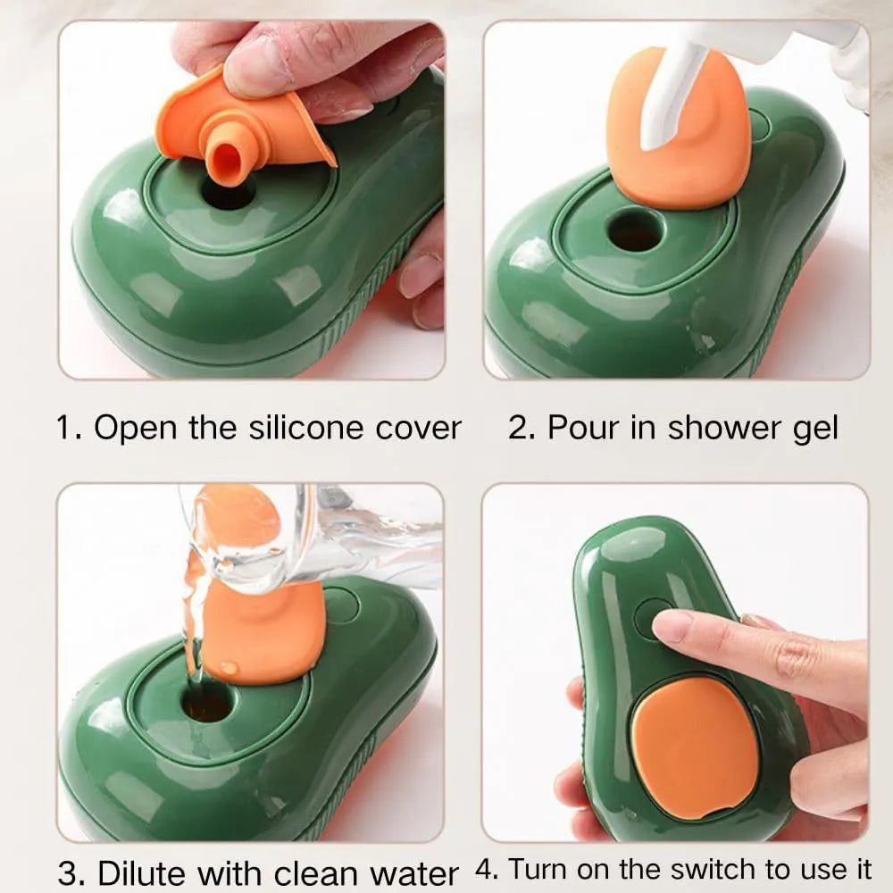 Green and white cat steam brush with water spray function and silicone bristles for pet grooming