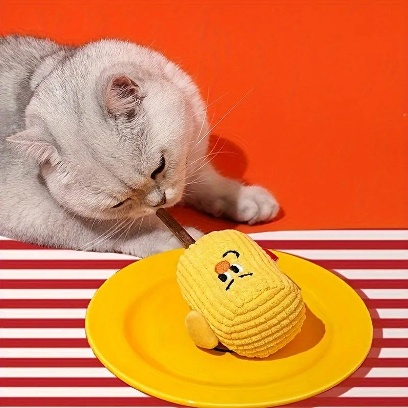 Corn cob shaped cat chew toy made from natural polio wood with catnip filling for dental hygiene