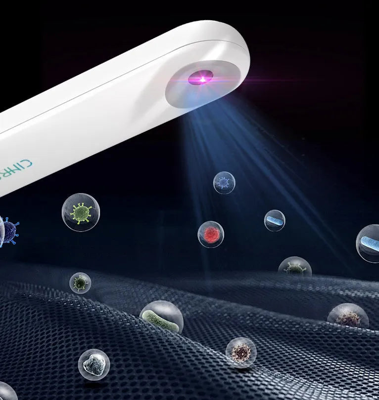 White portable UV sterilizer lamp showing compact dimensions of 116mm length with battery capacity and disinfection specifications