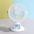 USB desktop fan with clip attachment showing compact 19x15x10cm design and three blades