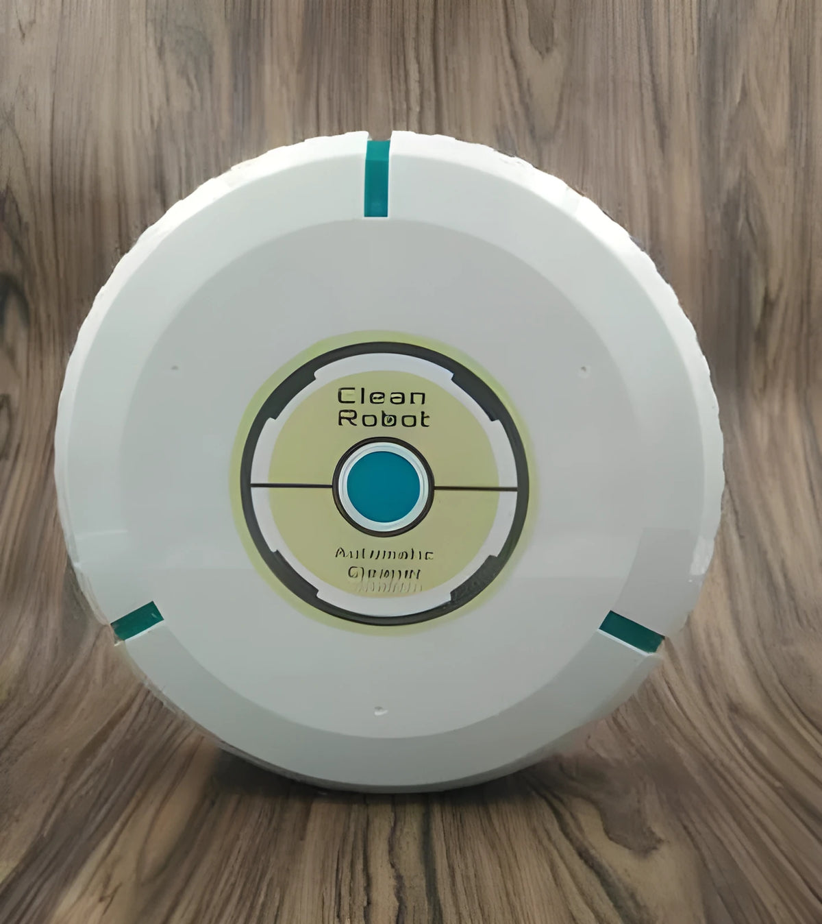 Black and white AC automatic sweeping robot cleaner on a hardwood floor.
