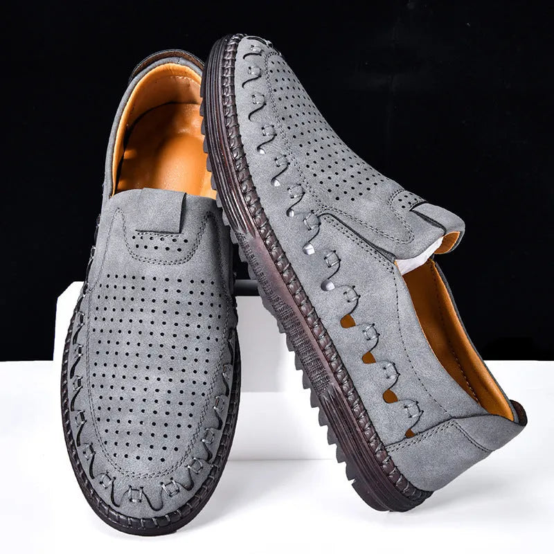 Men's brown artificial leather slip-on casual shoes with round toe and flat sole