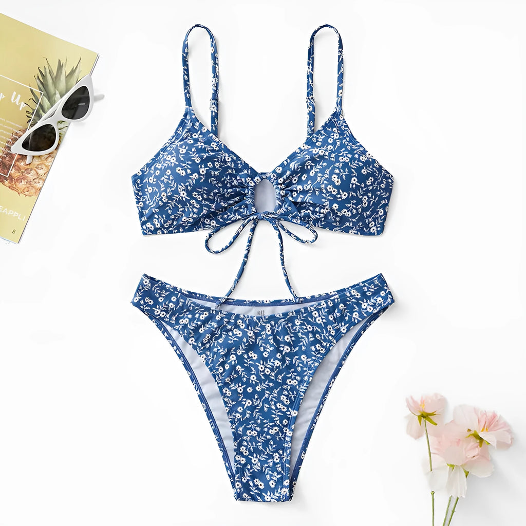 Blue women's swimsuit three-piece set without underwire including top and shorts