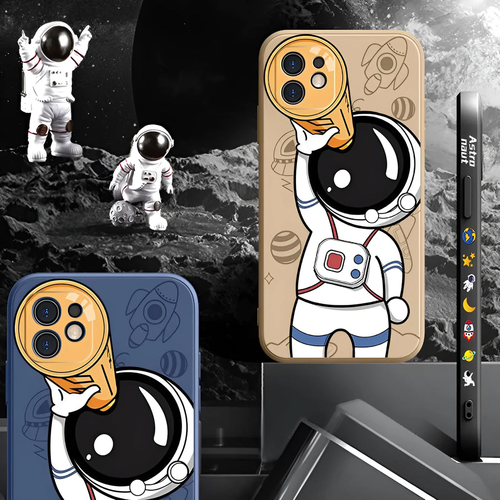 Silicone iPhone case with cartoon astronaut and starry sky design in multiple colour options