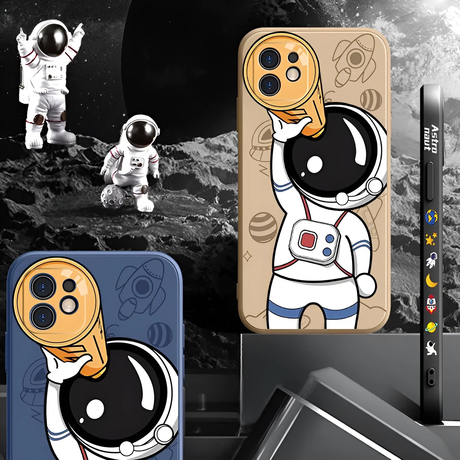 Silicone iPhone case with cartoon astronaut and starry sky design in multiple colour options