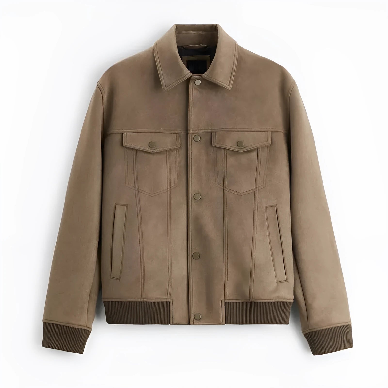 Men's light gray suede velvet commuter jacket with long sleeves on a hanger.