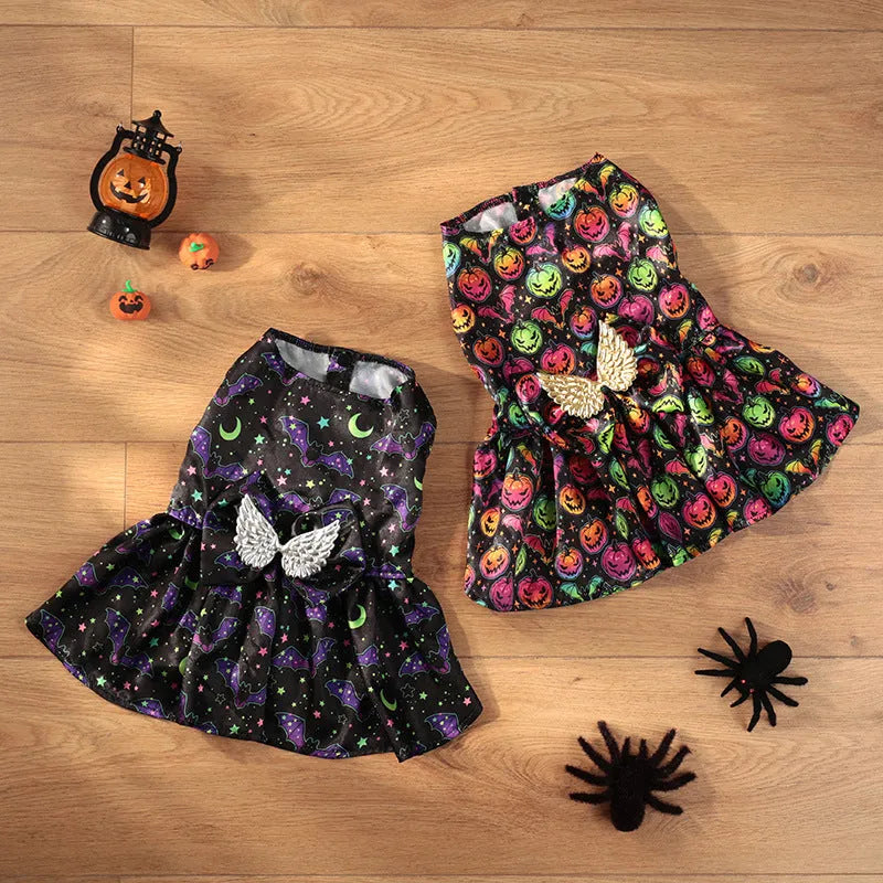 Angel wings Halloween dog costume in bright pumpkin orange and bat print polyester fabric