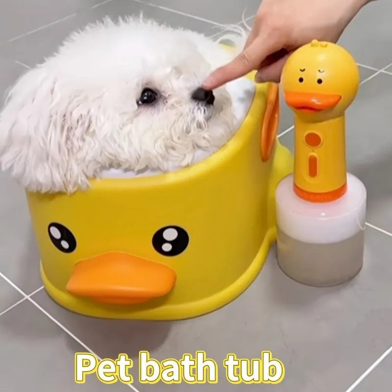 Blue duck-shaped PVC bathtub for washing a small dog or cat, non-electric and portable.