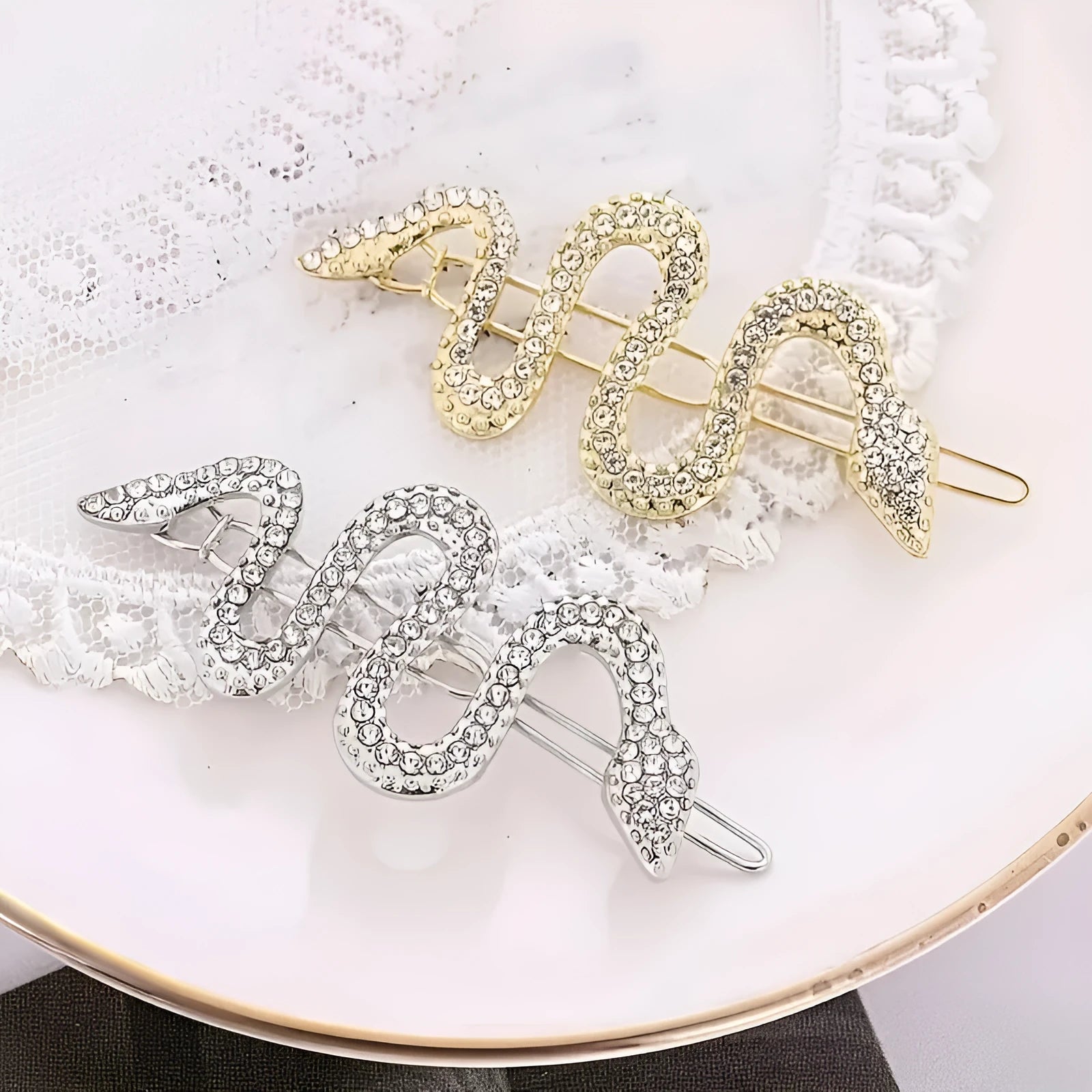 Korean vintage snake hair barrettes with rhinestone court styling in gold or silver electroplated finish