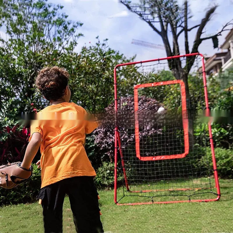 Red metal baseball training net 4x6ft set up for outdoor sports practice