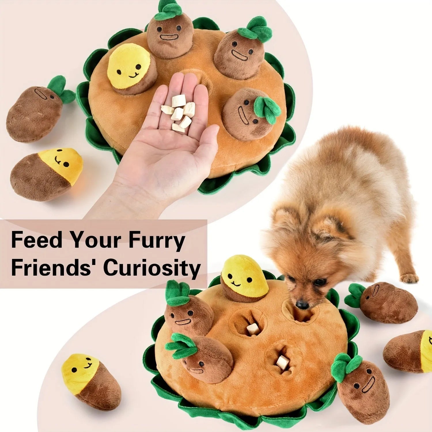 Yellow interactive dog puzzle toy with removable squeaky plush and sniffing pads for foraging training