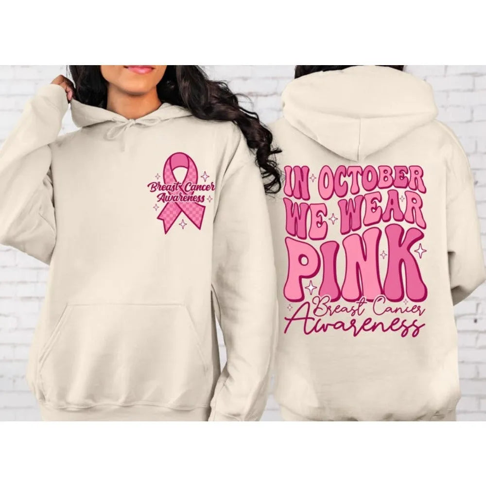 Pink Breast Cancer Awareness hooded sweatshirt with art retro pattern, side pocket, and hot stamping detail.