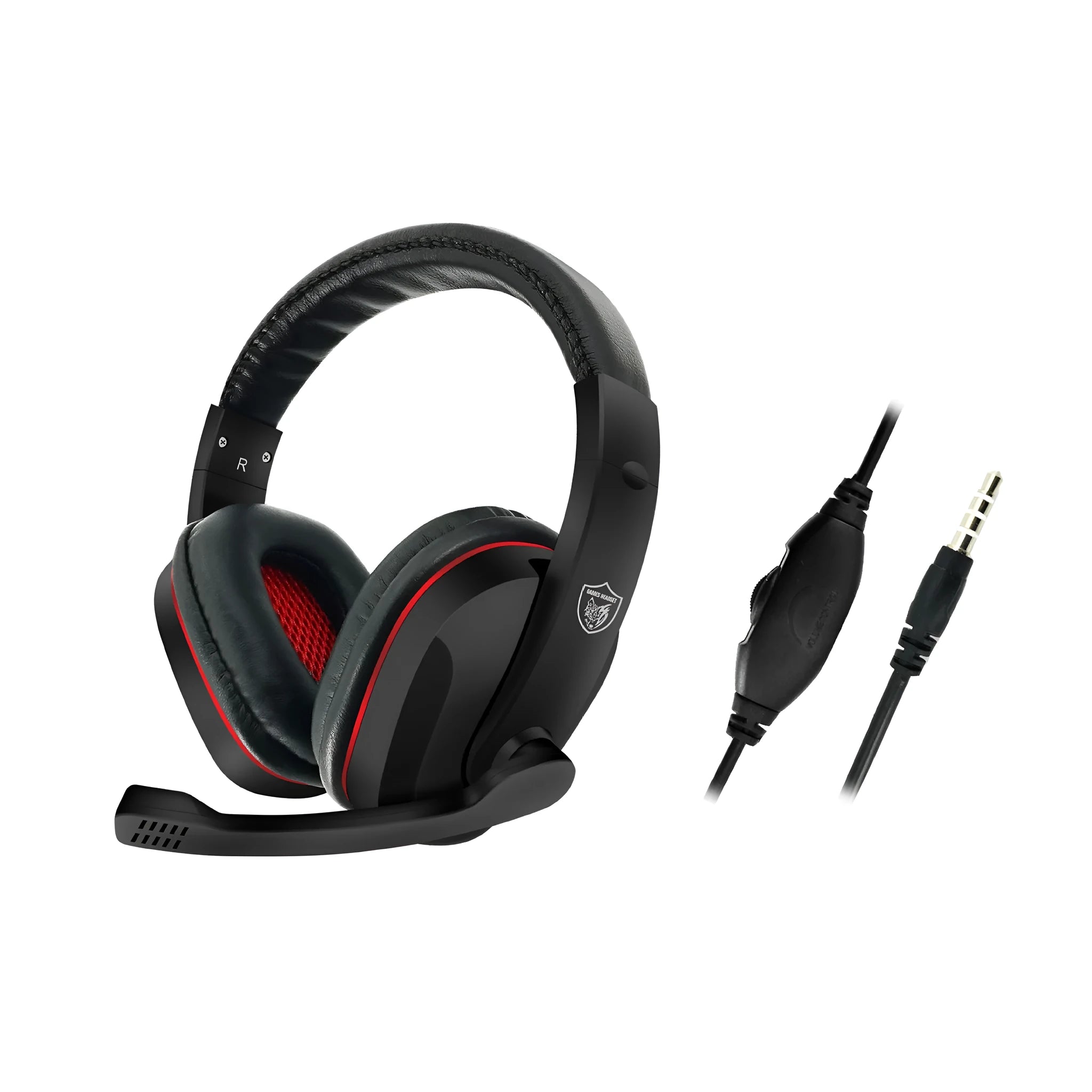 Black wired gaming headset with 40mm speakers and a 6.3mm straight plug.