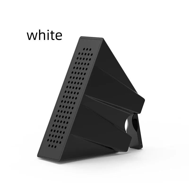 A portable black ABS mobile phone amplifier bracket holding an iPhone to boost sound for desktop use.