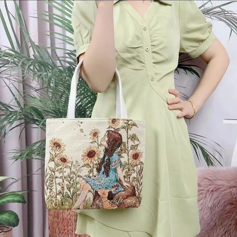 Double-sided gold wire embroidered canvas tote bag in botanical design with polyester construction