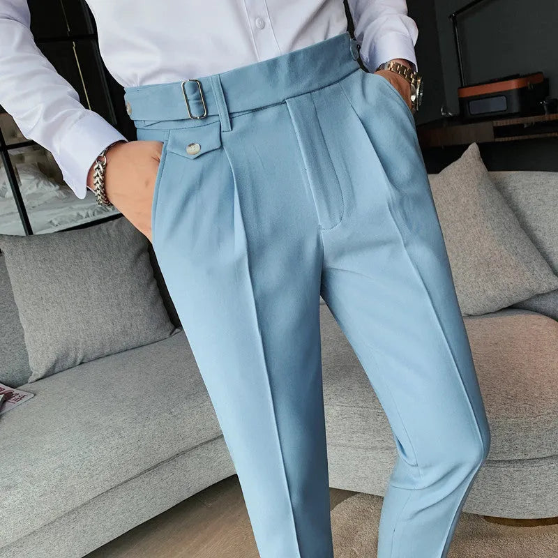 Men's straight-leg polyester trousers in solid colours with waist size range 29-36
