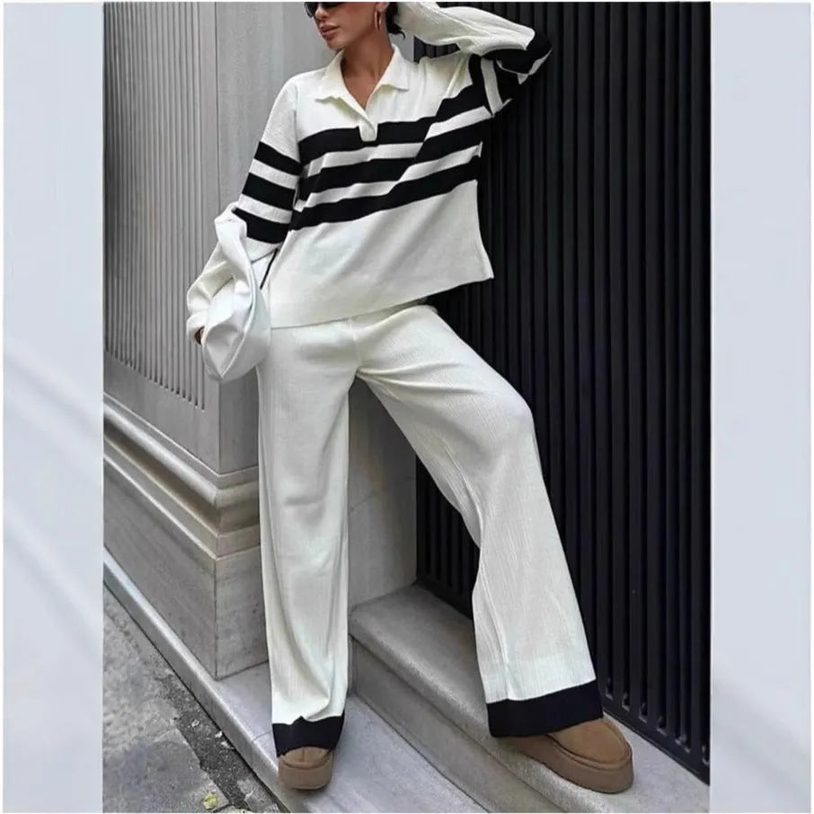 Women's black and white striped polo collar knitted two-piece set with trousers
