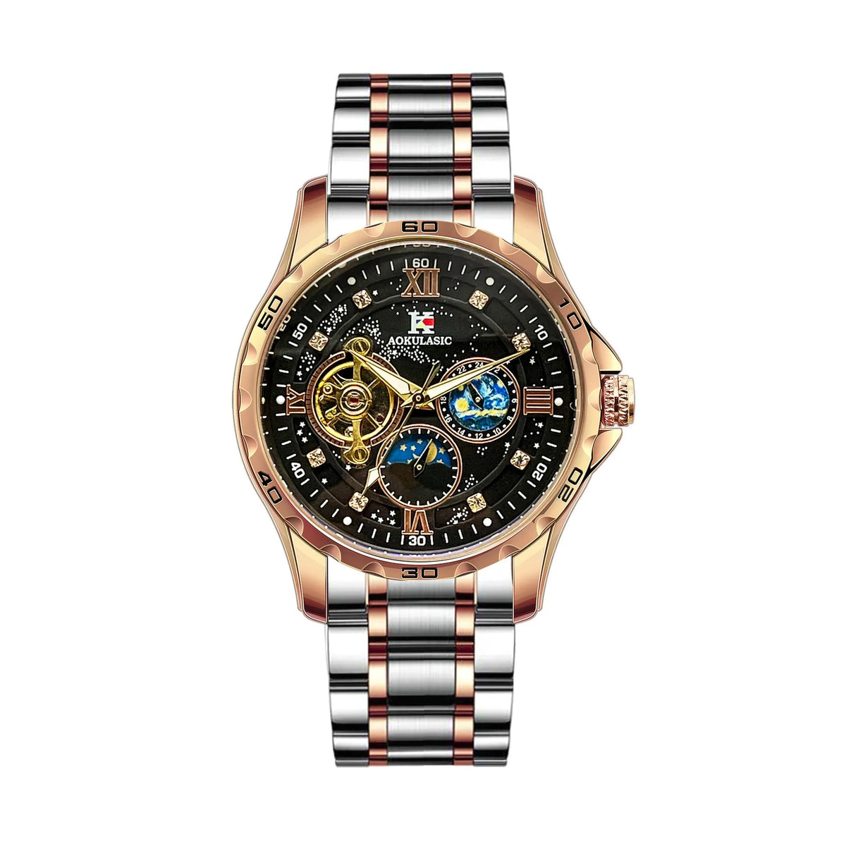 Men's automatic mechanical watch with rose gold shell, black dial, large display, and 12mm thickness