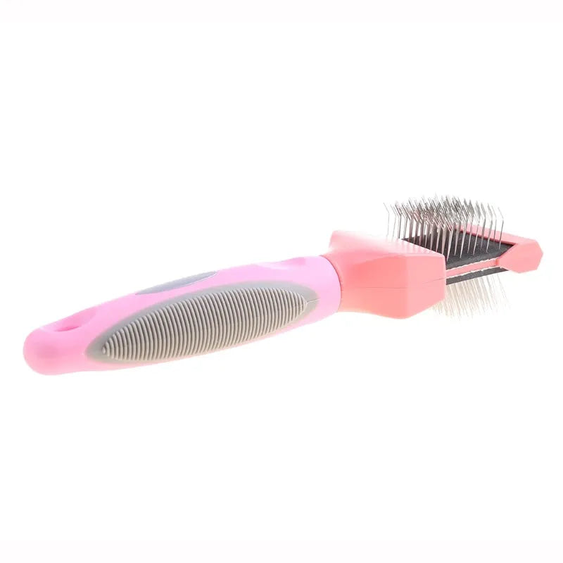 Blue double-sided pet brush with stainless steel pins and ergonomic handle for dog and cat grooming