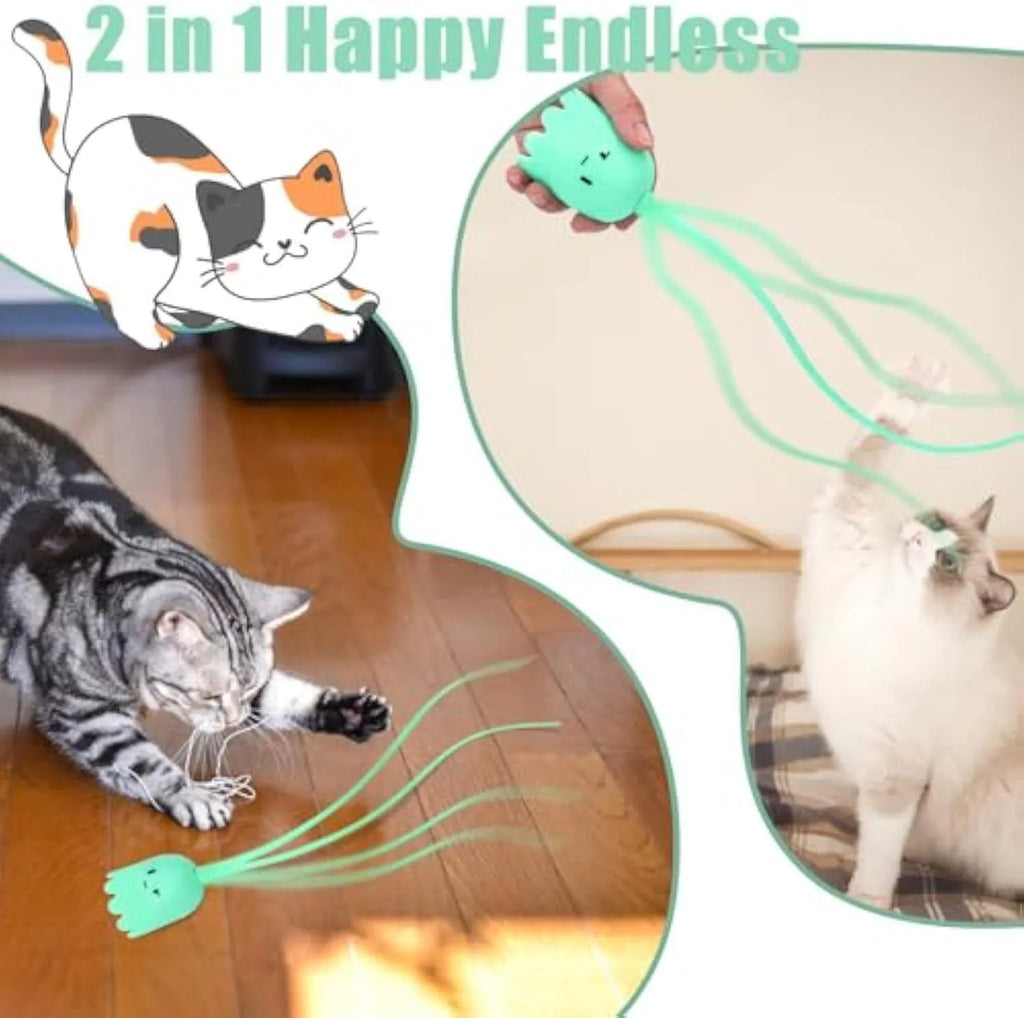 Green automatic cat wand toy with a swinging silicone tail on a white background.