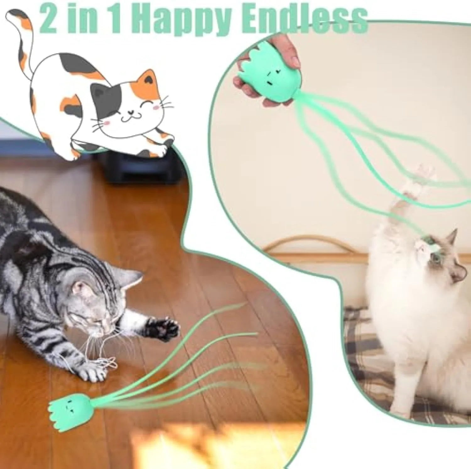 Green automatic cat wand toy with a swinging silicone tail on a white background.