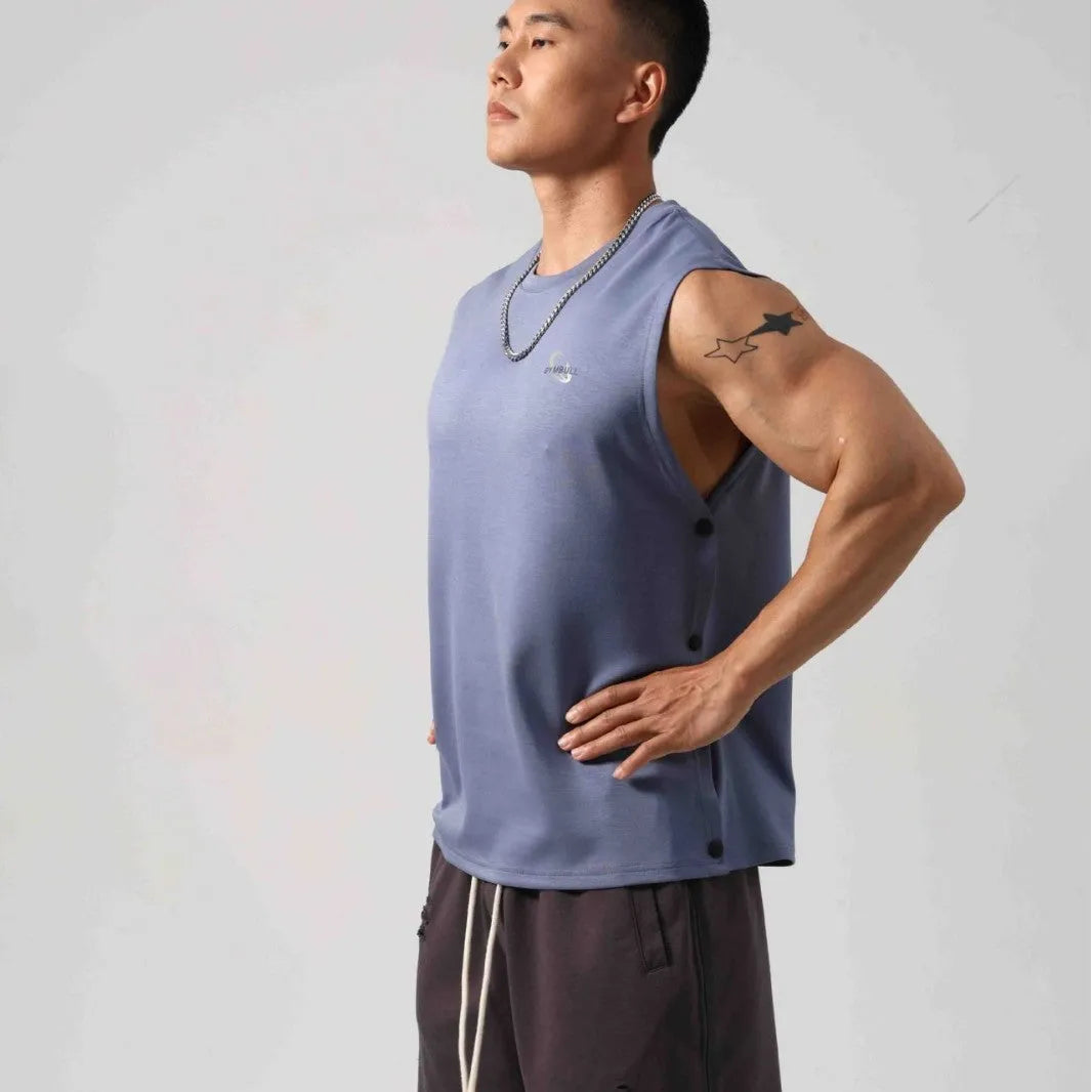 Men's Korean style loose cotton fitness vest with hidden hook side openings in black colour