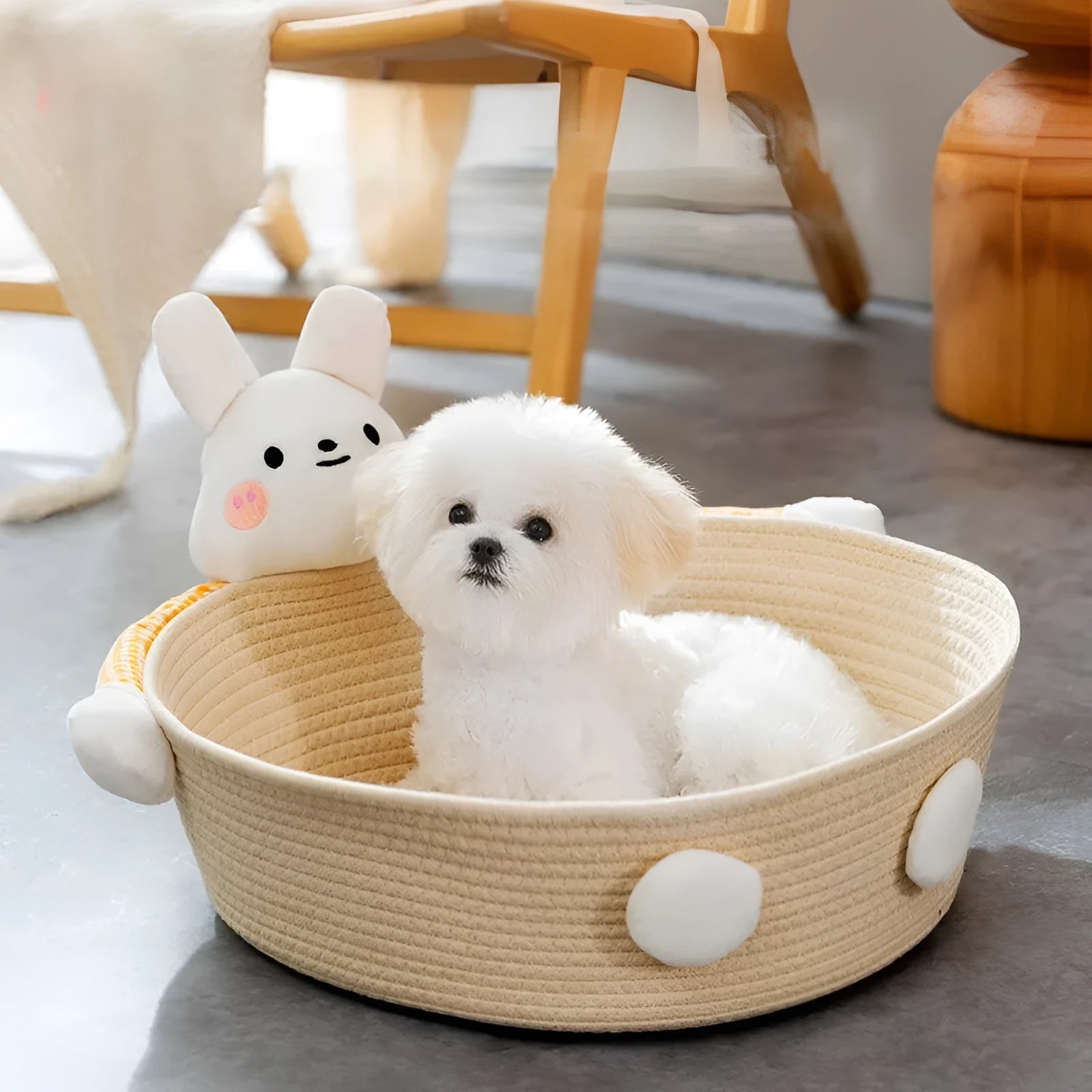 Woven cotton rope cat bed with integrated scratch board in bear design, showing basket shape with pet toy storage