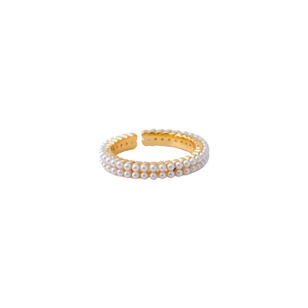Gold geometric open mouth women's ring with central pearl on copper with electroplated finish