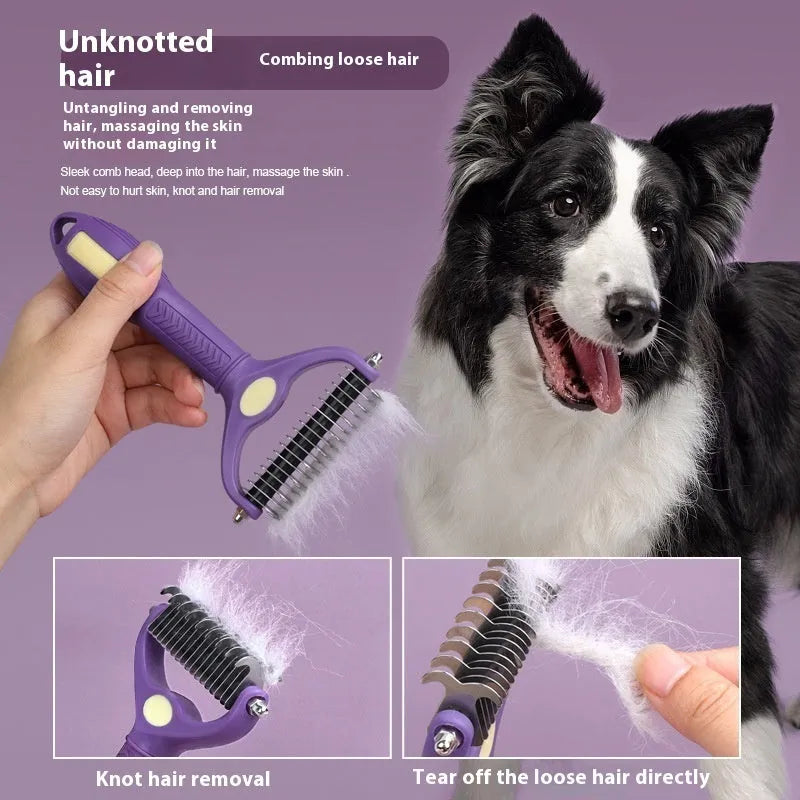 Purple plastic double-sided pet grooming comb for untying knots in cat and dog fur
