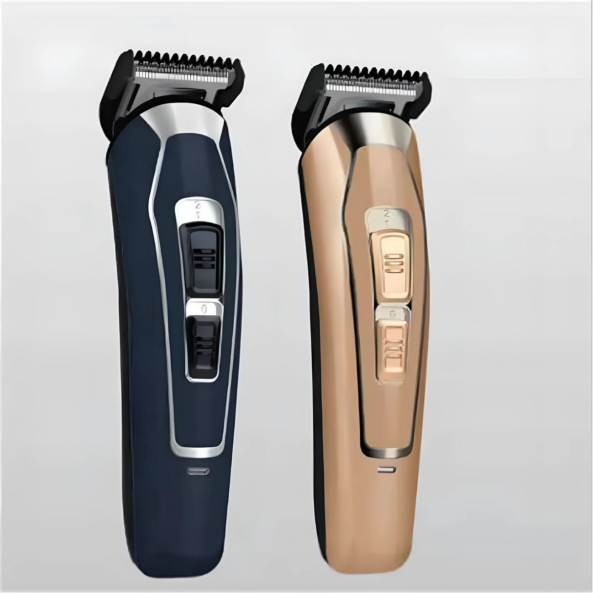 Rechargeable electric hair clipper in dark blue and coffee colours with stainless steel blades