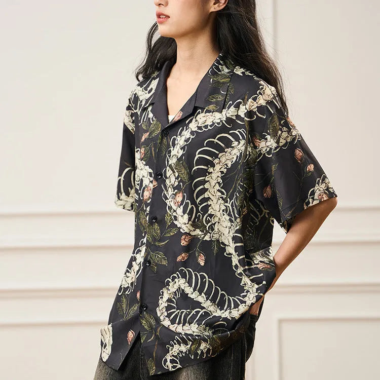 Men's snake bone floral print Cuban collar short sleeve shirt in loose fit