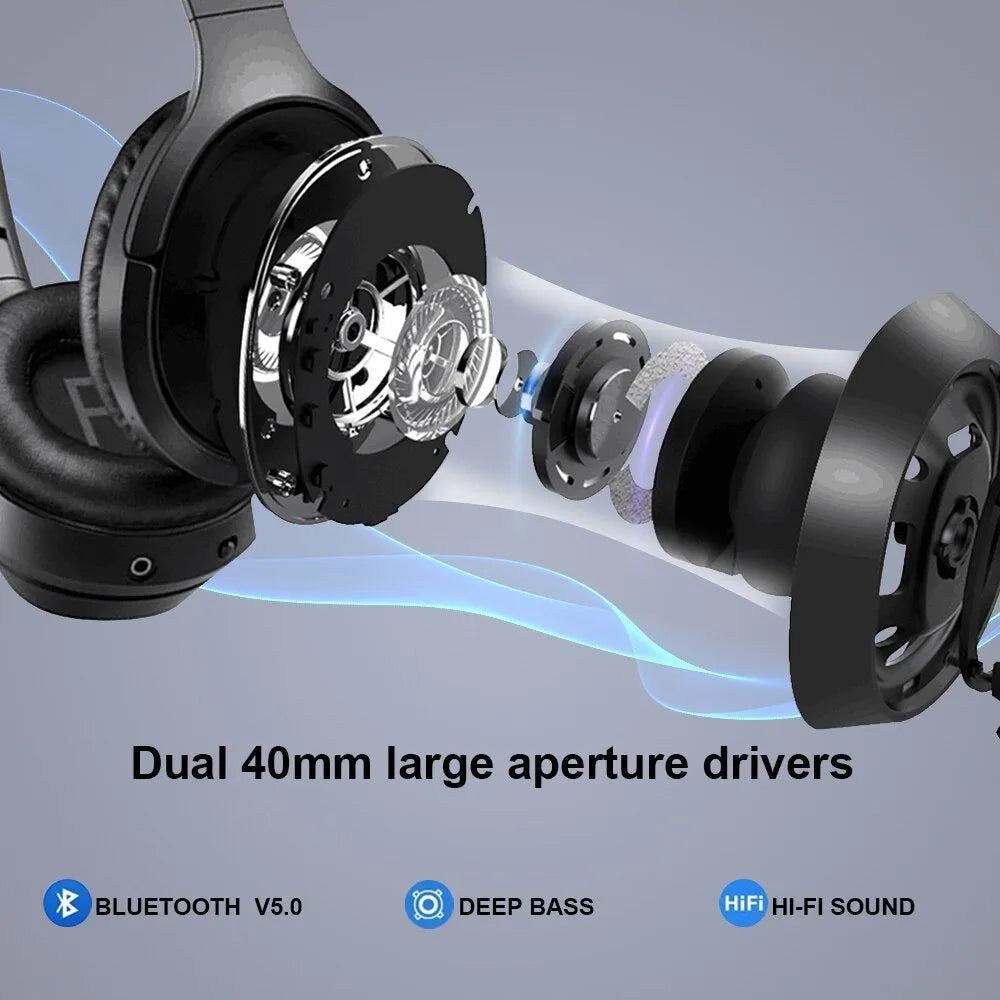 Black Bluetooth wireless headset with over-ear design and memory-protein ear cushions